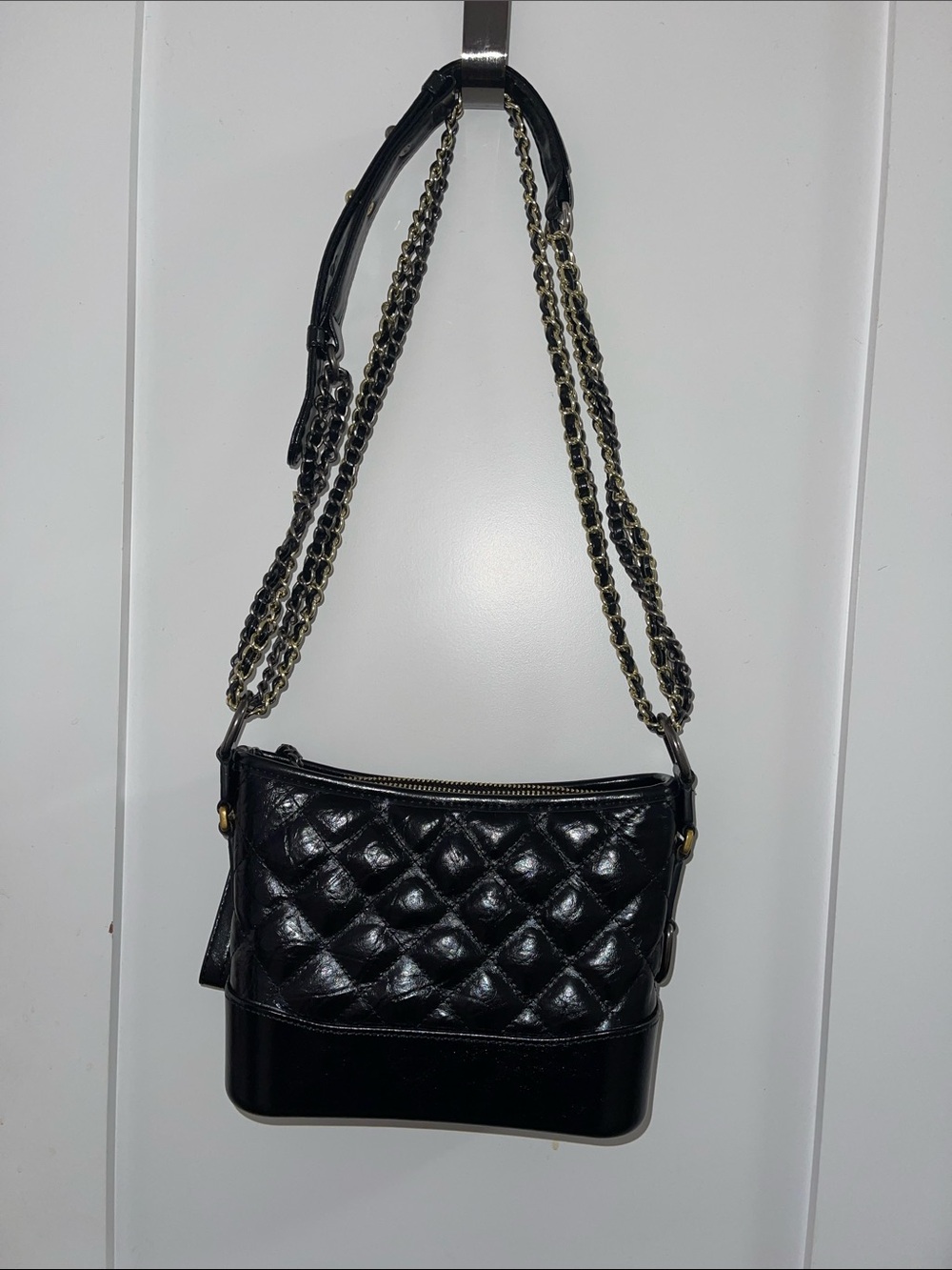 Quilted Black Leather Shoulder Bag with Chain Strap Preloved